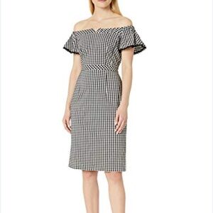 Nanette Lepore Black and White Gingham Midi Dress off the shoulder